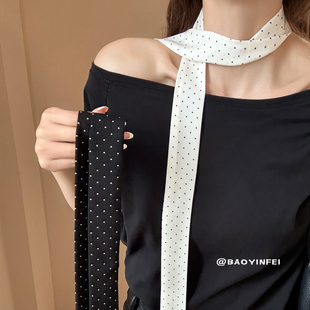 白色波点细窄长条小丝巾女韩版 百搭丝带飘带配饰 ins可搭包包衬衫