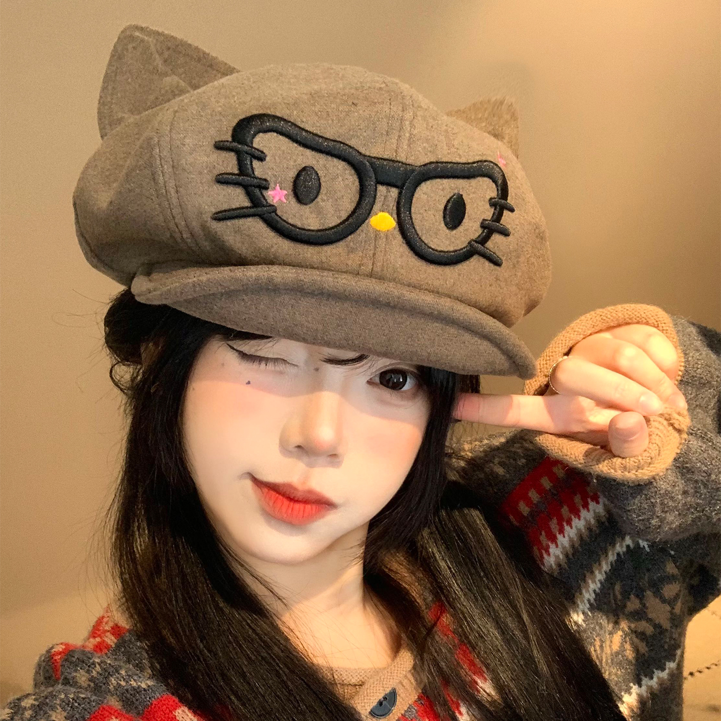 卡通眼镜可爱猫咪耳朵贝雷帽甜美