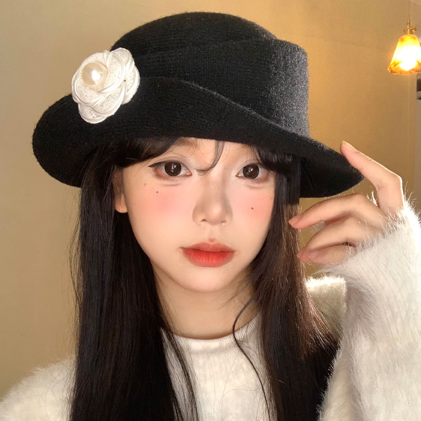 山茶花黑色赫本风礼帽女法式复古