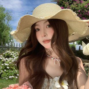 波浪边草帽女夏季 复古大帽檐遮阳防晒帽 海边沙滩度假太阳帽子法式