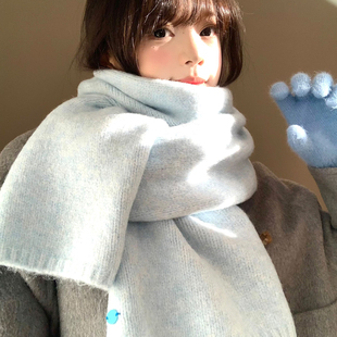 淡蓝色针织围巾女生冬季 韩系氛围感加厚保暖防寒护颈围脖 2025新款