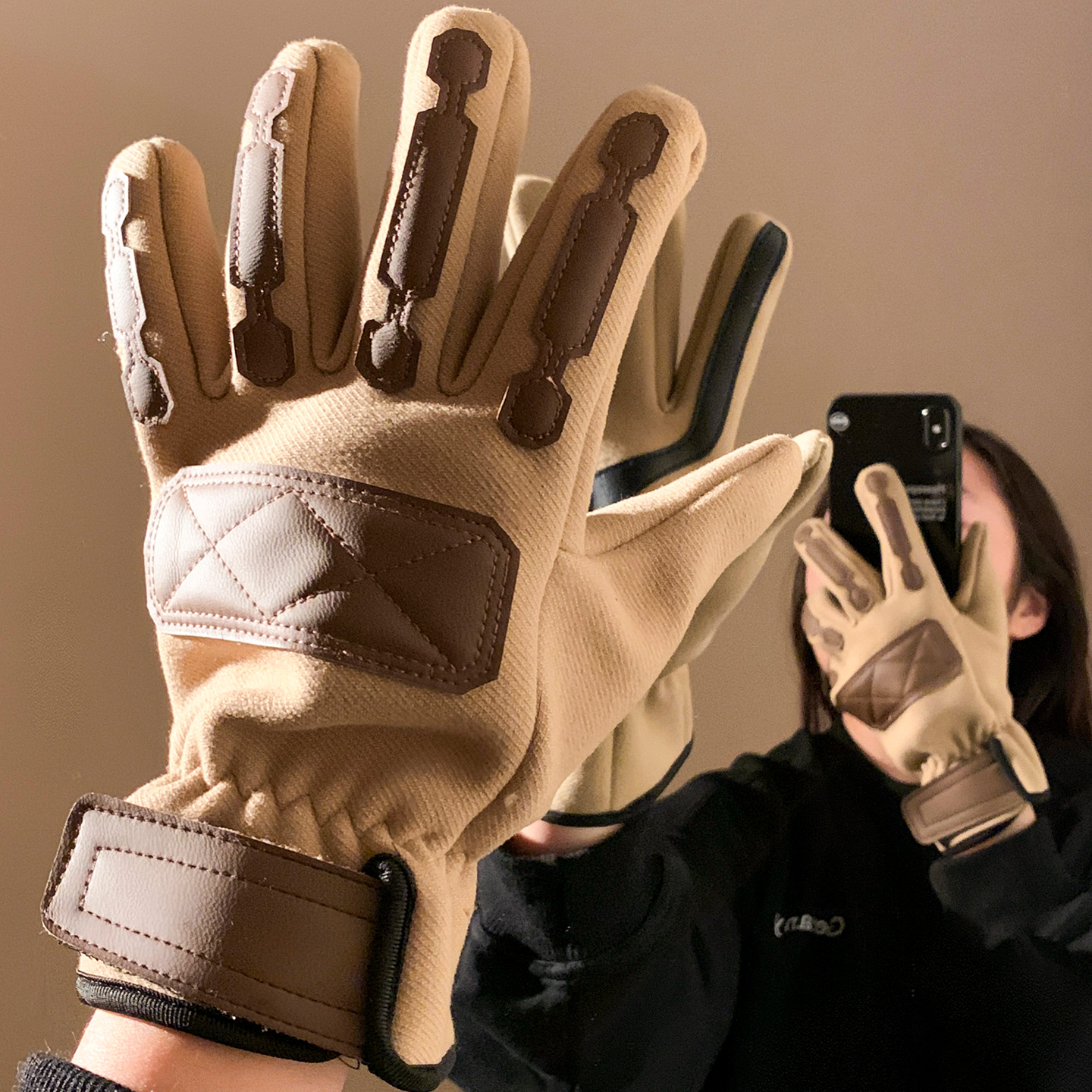 咖色骑行摩托车手套女冬季五指加绒加厚保暖防风防寒防冻电动车男