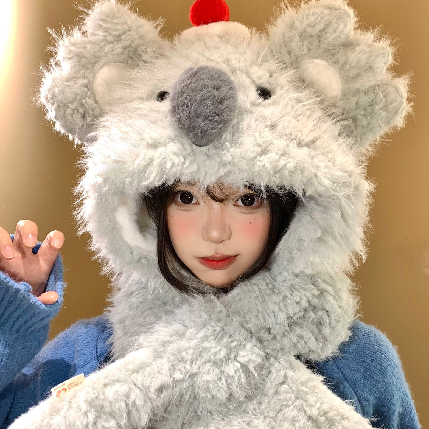 可爱考拉毛绒帽子围巾一体加绒