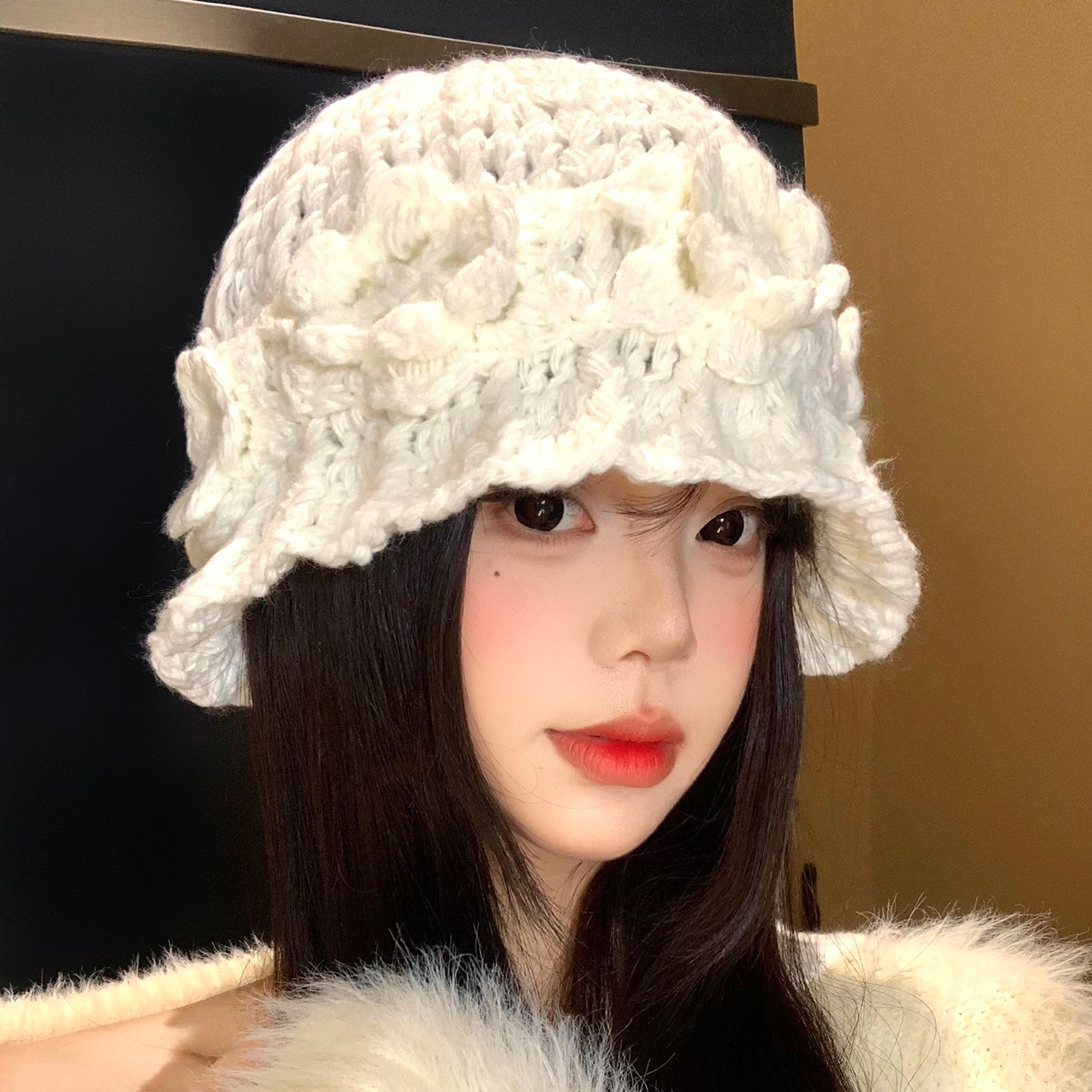 立体花朵针织渔夫帽女秋冬显脸小