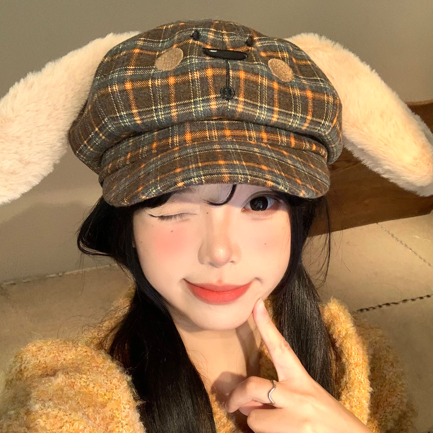 可爱小狗耳朵格纹贝雷帽显脸小