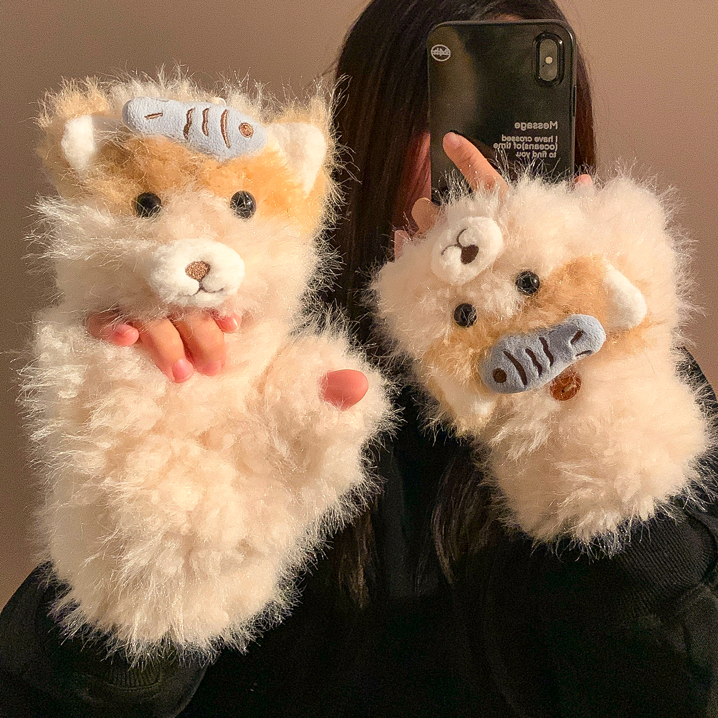 可爱小鱼猫咪翻盖半指毛绒手套女