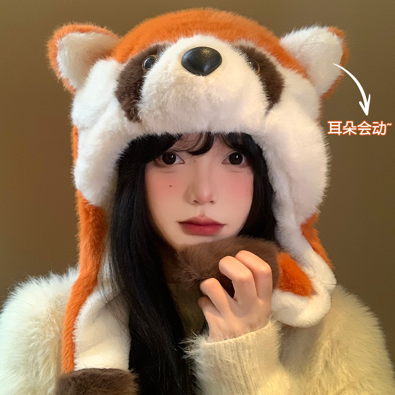 耳朵会动~卡通小浣熊毛绒帽