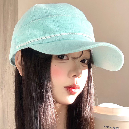 薄荷绿纽扣花边棒球帽女宽帽檐