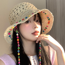 泫雅风彩色木珠草帽女夏季镂空大帽檐遮阳防晒帽可折叠渔夫帽子潮
