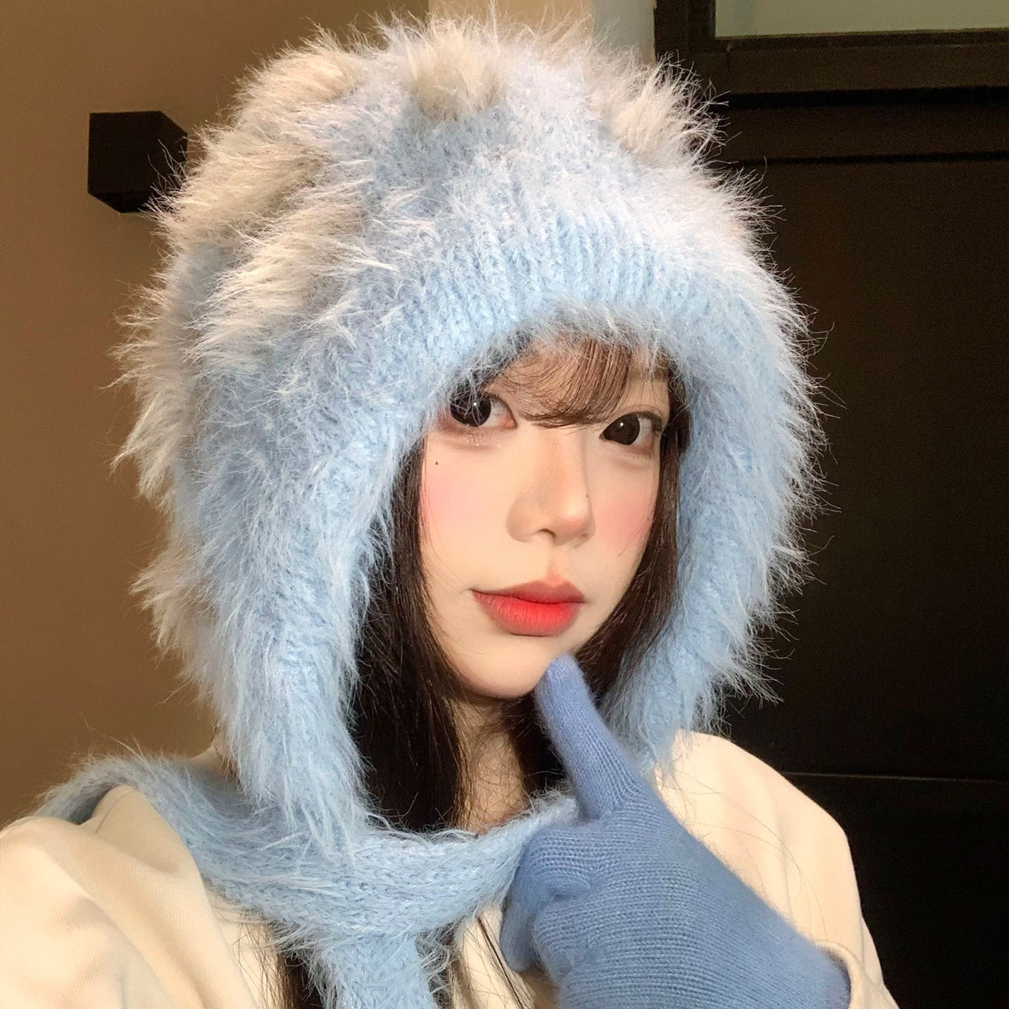 蓝色豹纹毛绒针织护耳帽女冬季显脸小加厚保暖防寒毛线帽套头帽子