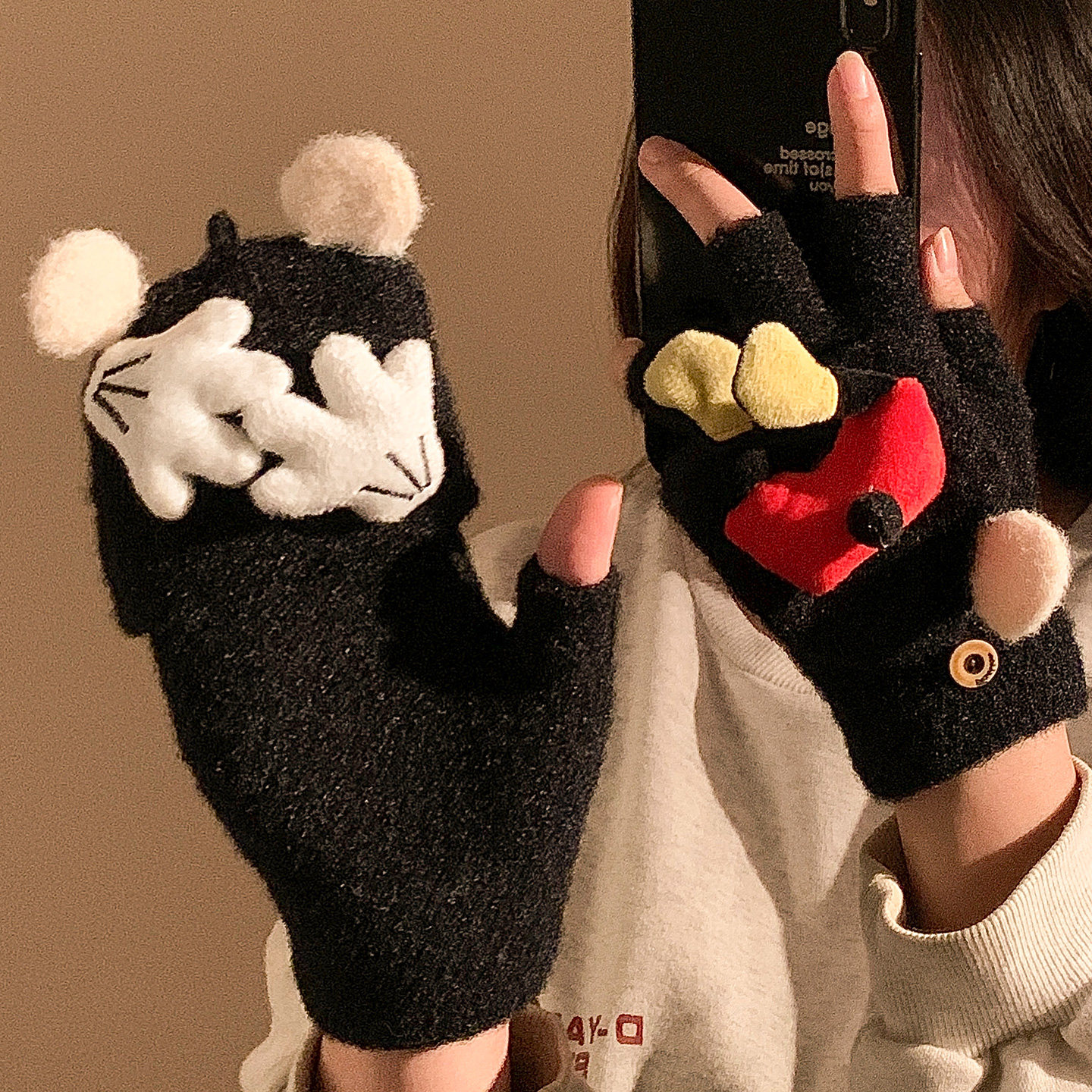 可爱米奇小手屁股翻盖半指手套女冬季露指触屏保暖防寒潮骑车写字,服饰配件/皮带/帽子/围巾,手套,淘宝优惠券,粉丝福利购,淘宝优惠卷