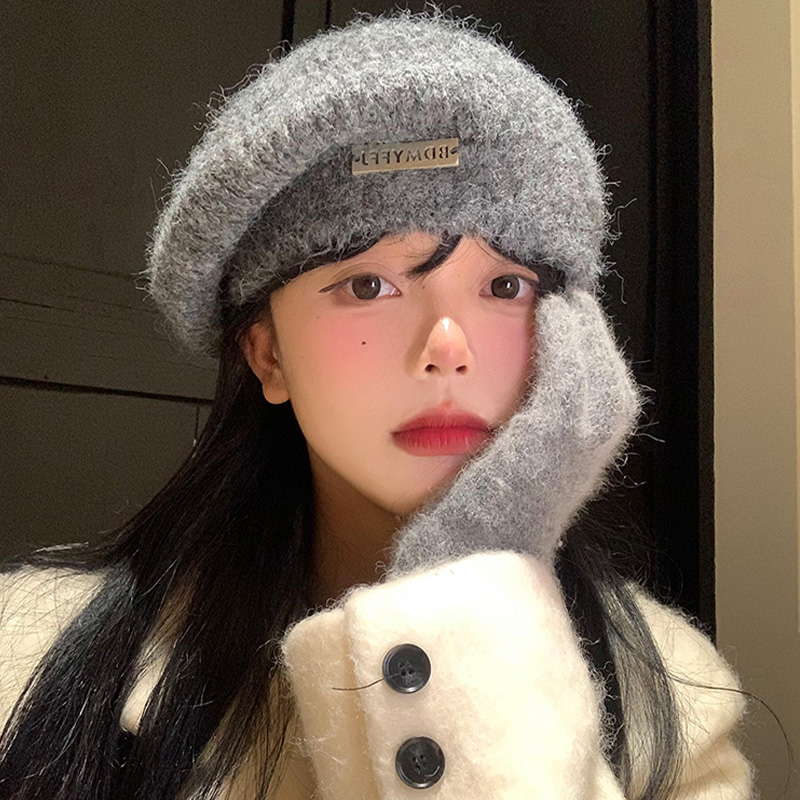 灰色马海毛针织贝雷帽女秋冬