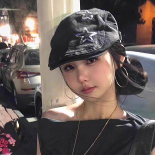 黑色星星前进帽女春夏季韩版百搭显脸小贝雷帽大头围报童鸭舌帽子
