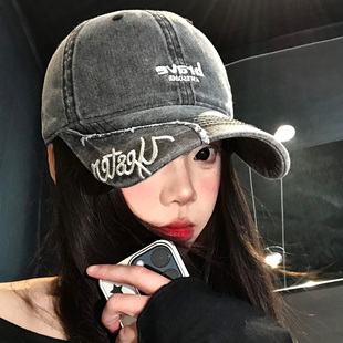 字母刺绣水洗牛仔棒球帽女美式宽帽檐鸭舌帽大头围显脸小灰色帽子