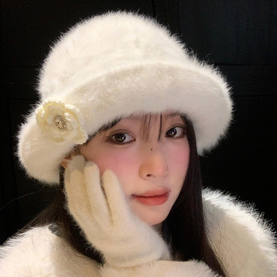 兔毛花朵渔夫帽女秋冬季