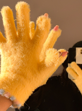 黄色小糖豆毛绒针织手套女冬季露指触屏加厚保暖防寒五指分指骑行