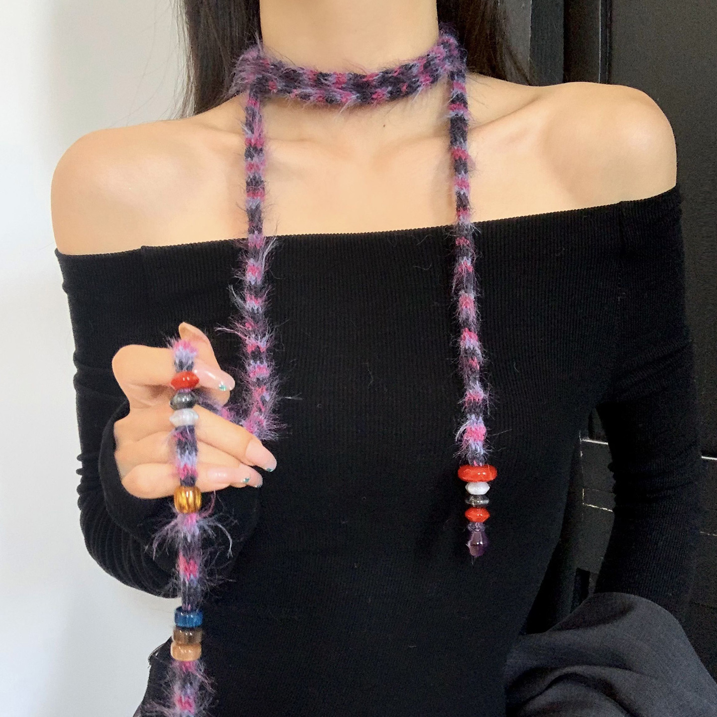 y2k甜辣毛绒小长条围巾个性潮酷飘带秋季搭配小众千禧辣妹亚文化