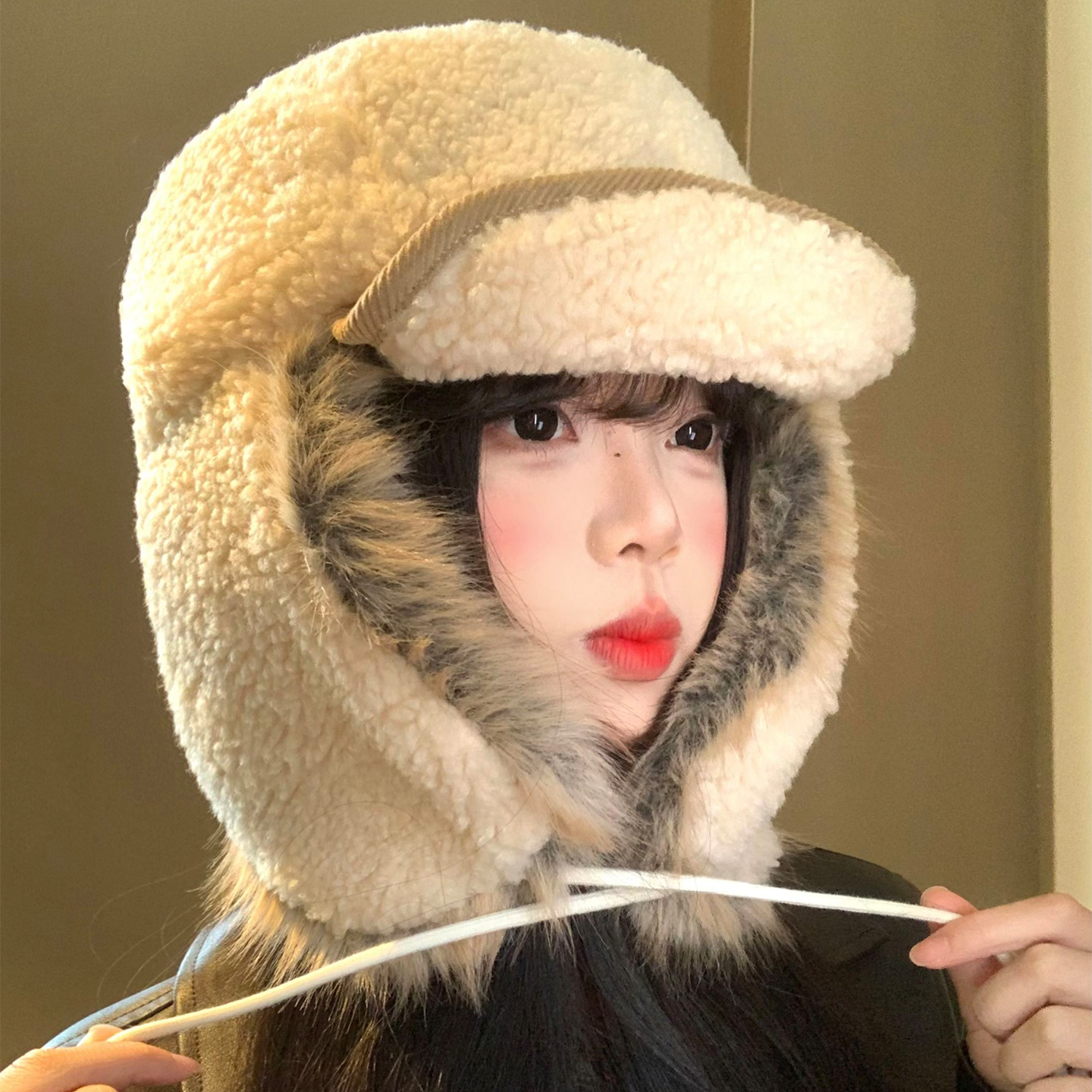 羊羔绒护耳雷锋帽子女冬季加绒