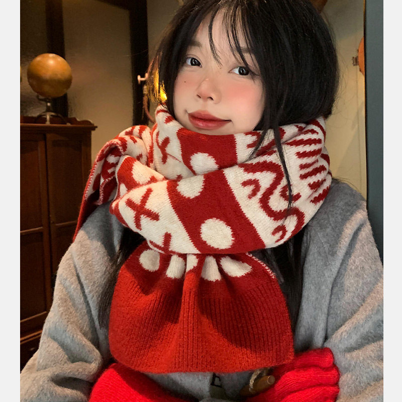 圣诞围巾女冬季2023新款韩版百搭加厚保暖红色新年针织毛线围脖潮