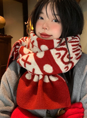 圣诞围巾女冬季2023新款韩版百搭加厚保暖红色新年针织毛线围脖潮