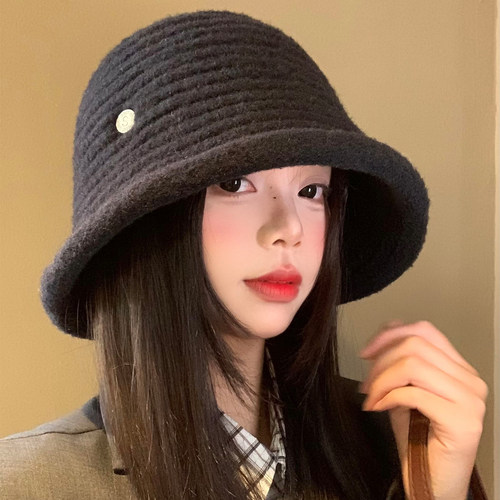 黑色针织渔夫帽女秋冬日系百搭