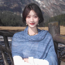 蓝色文艺薄款棉麻围巾女大西北川西旅游长丝巾披肩外搭氛围感穿搭