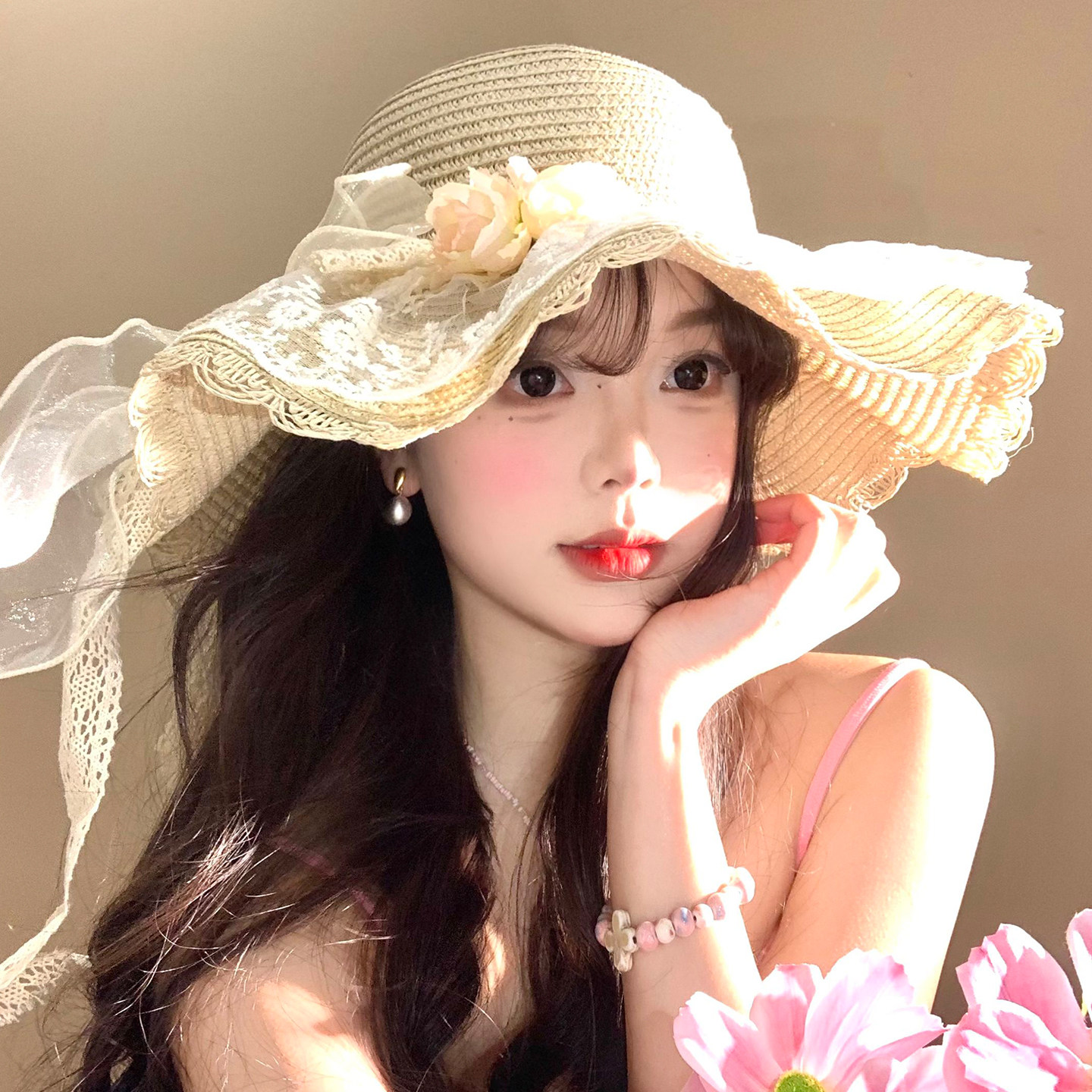 蕾丝花朵蝴蝶结草帽女夏季大帽檐度假防晒遮阳帽海边沙滩拍照帽子