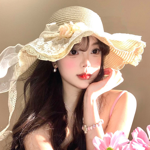 蕾丝花朵蝴蝶结草帽女夏季大帽檐