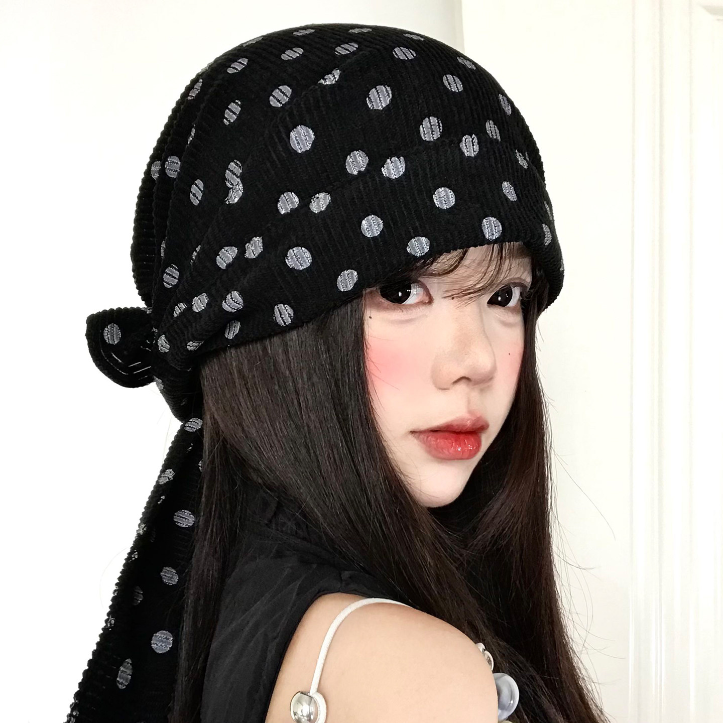 韩系ins~复古波点头巾堆堆帽女春夏小众设计感显脸小系带包头帽子