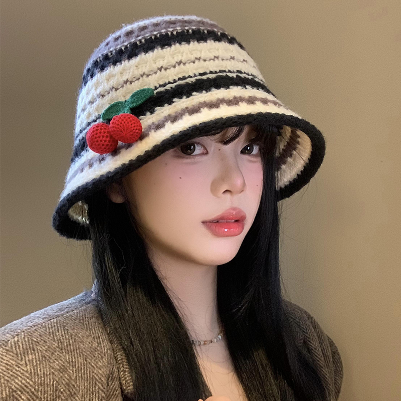 樱桃条纹针织毛线渔夫帽日系甜美