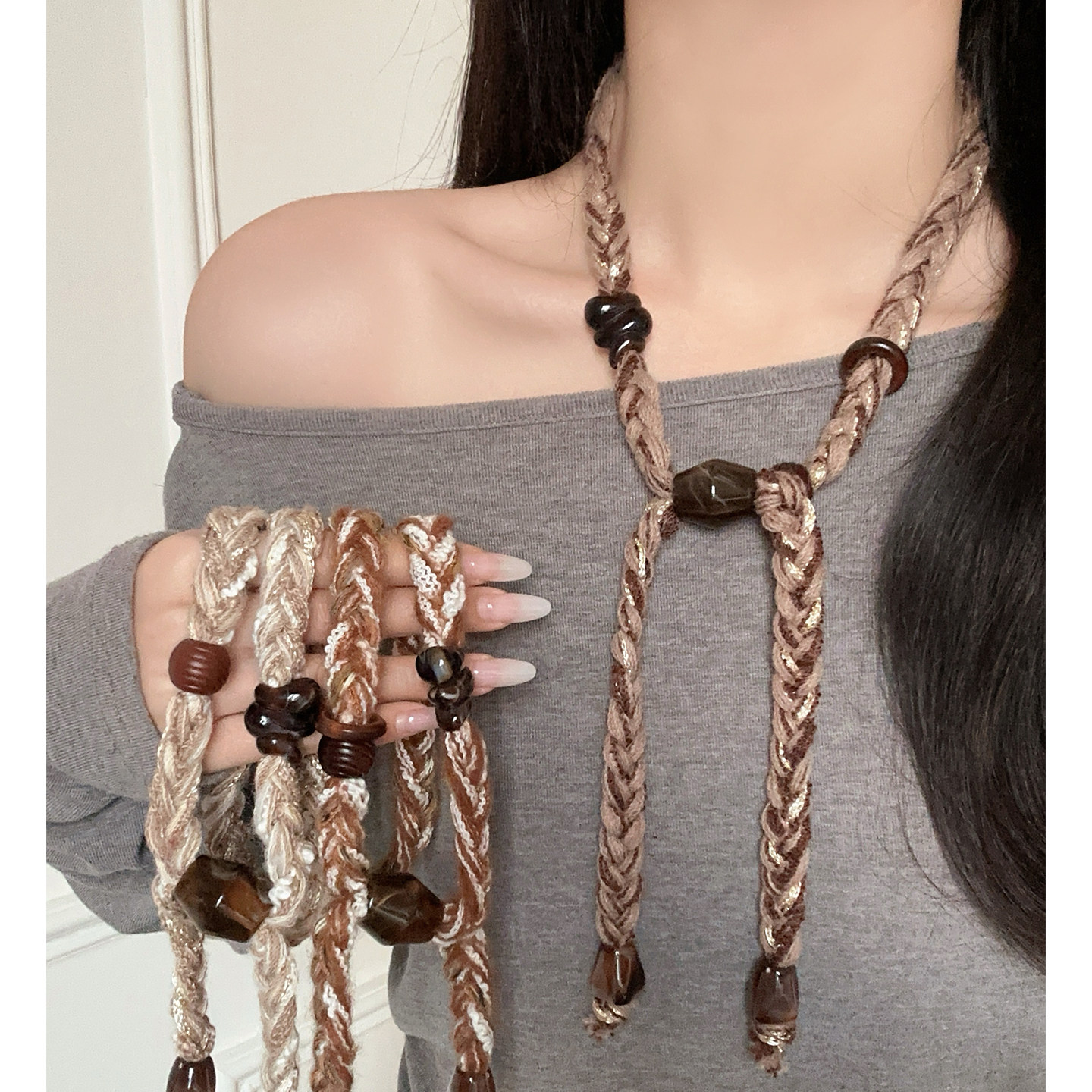 编织毛线串珠抽拉项链女款复古2026新款毛衣链大气高档高级感配饰,饰品/流行首饰/时尚饰品新,项链,淘宝优惠券,粉丝福利购,淘宝优惠卷