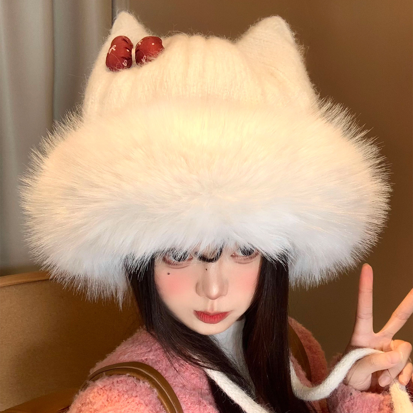 白色蝴蝶结猫耳朵毛绒针织帽女秋冬季可爱显脸小加厚保暖护耳帽子