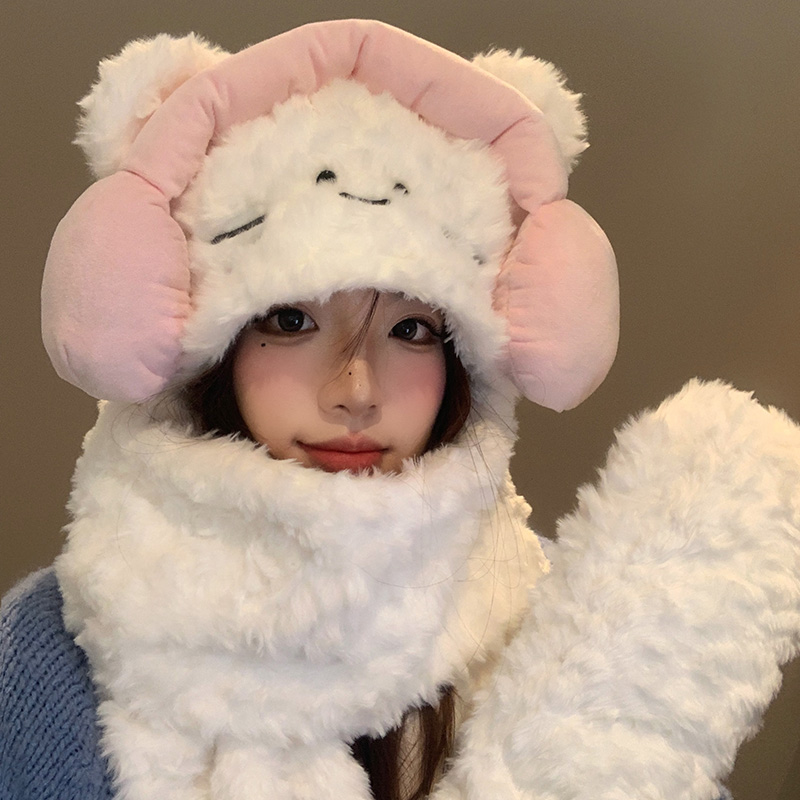 可爱耳机猫咪毛绒帽子围巾一体