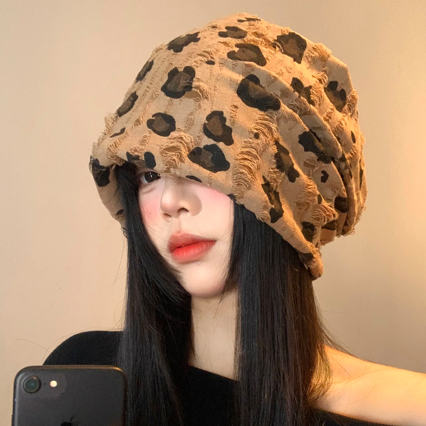 豹纹破洞堆堆帽千禧辣妹日系复古