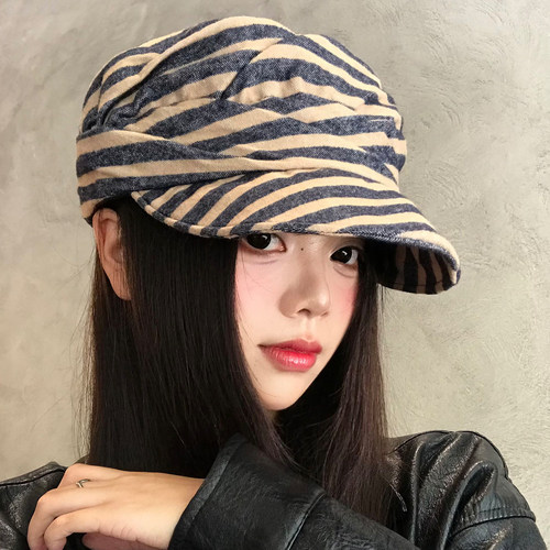 条纹褶皱报童帽女日系复古显脸小