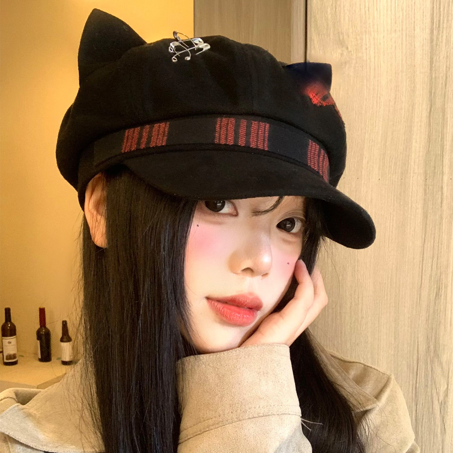 贴布别针猫耳朵贝雷帽小众亚文化