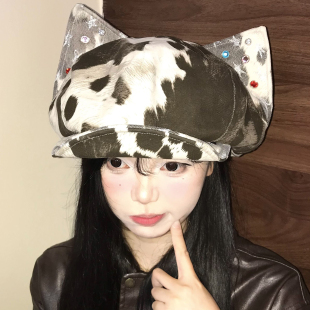 豹纹猫耳朵贴钻八角帽子女春秋亚文化y2k贝雷帽小众显脸小画家帽