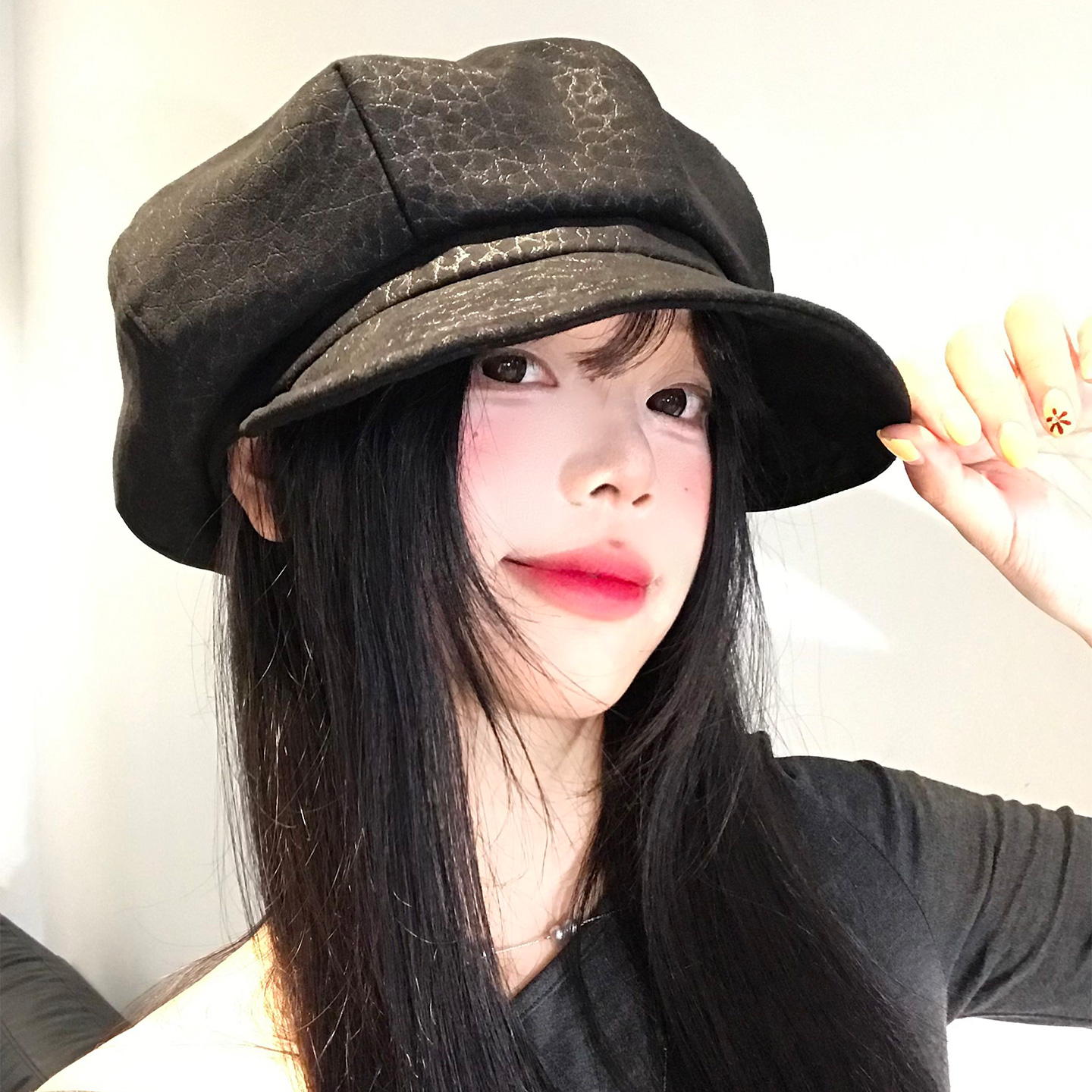 秋冬新款黑色鳞纹贝雷帽女百搭大头围云朵八角帽显脸小报童0906z