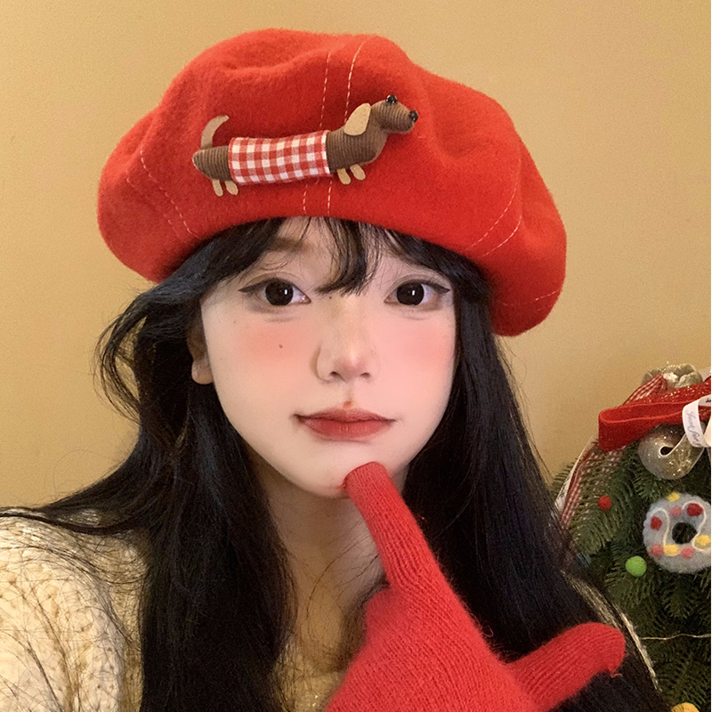 可爱腊肠小狗红色贝雷帽女