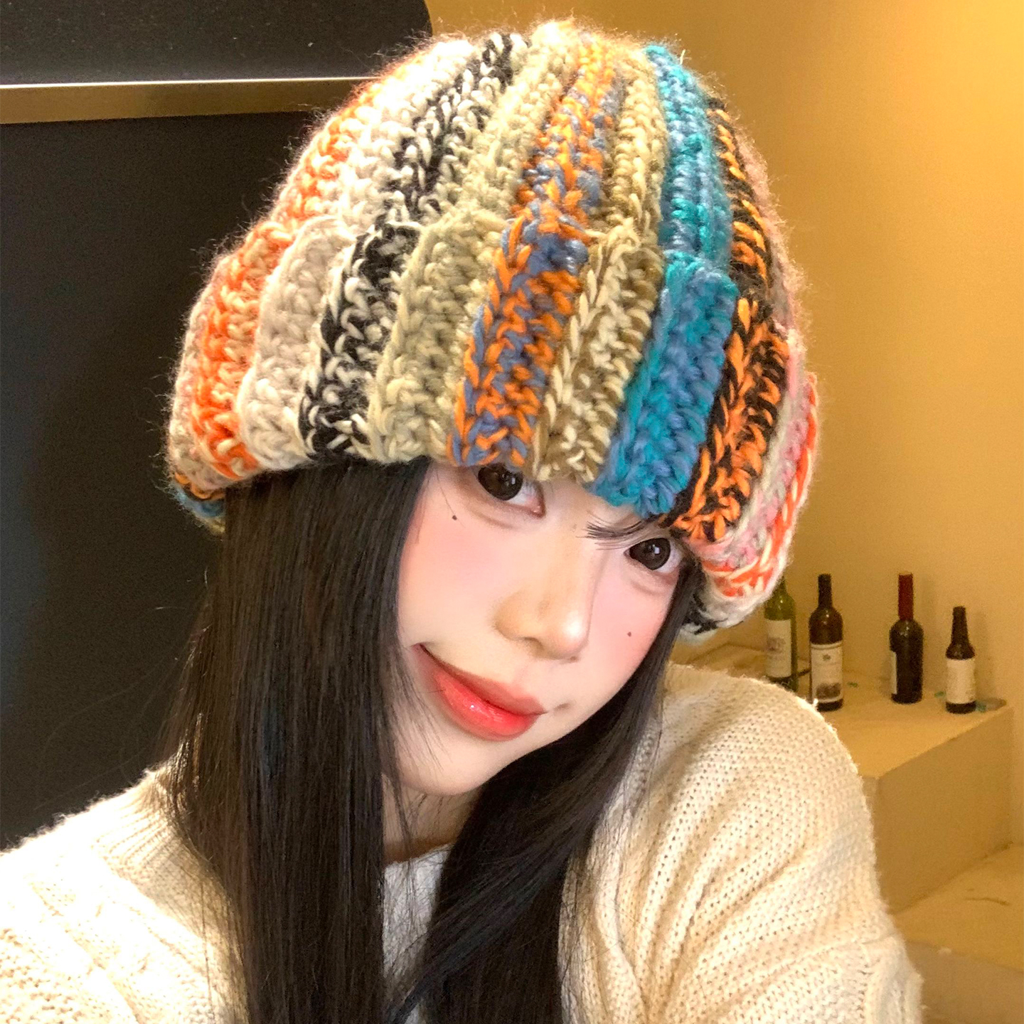 彩色条纹毛线帽女秋冬季韩版百搭显脸小针织帽宽松大头围保暖帽子