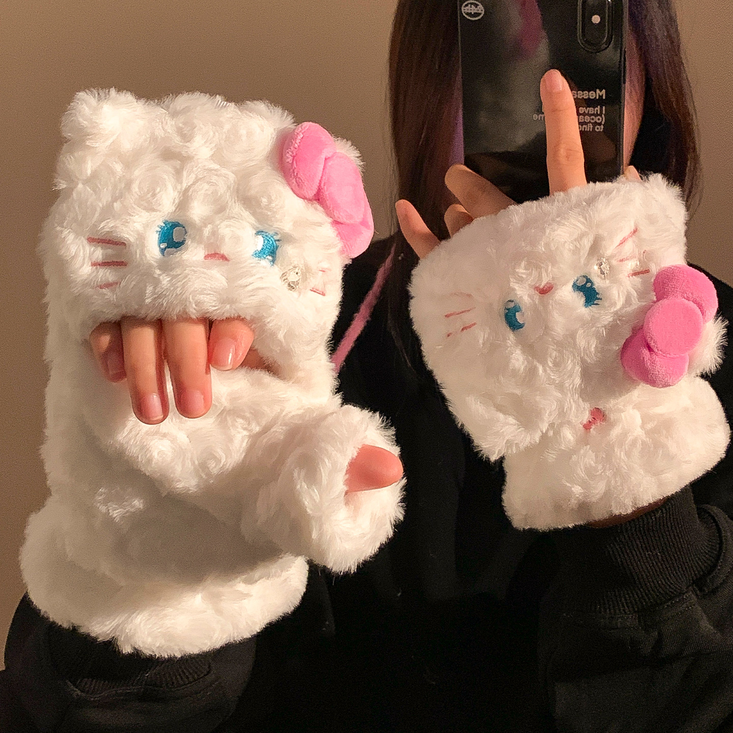 可爱Kitty翻盖半指毛绒手套女冬
