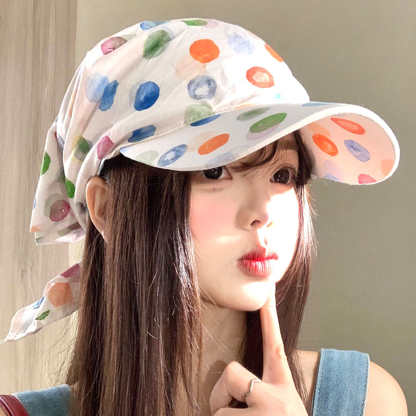 清新水彩色波点头巾帽子女春夏小众显脸小鸭舌帽户外遮阳防晒帽子