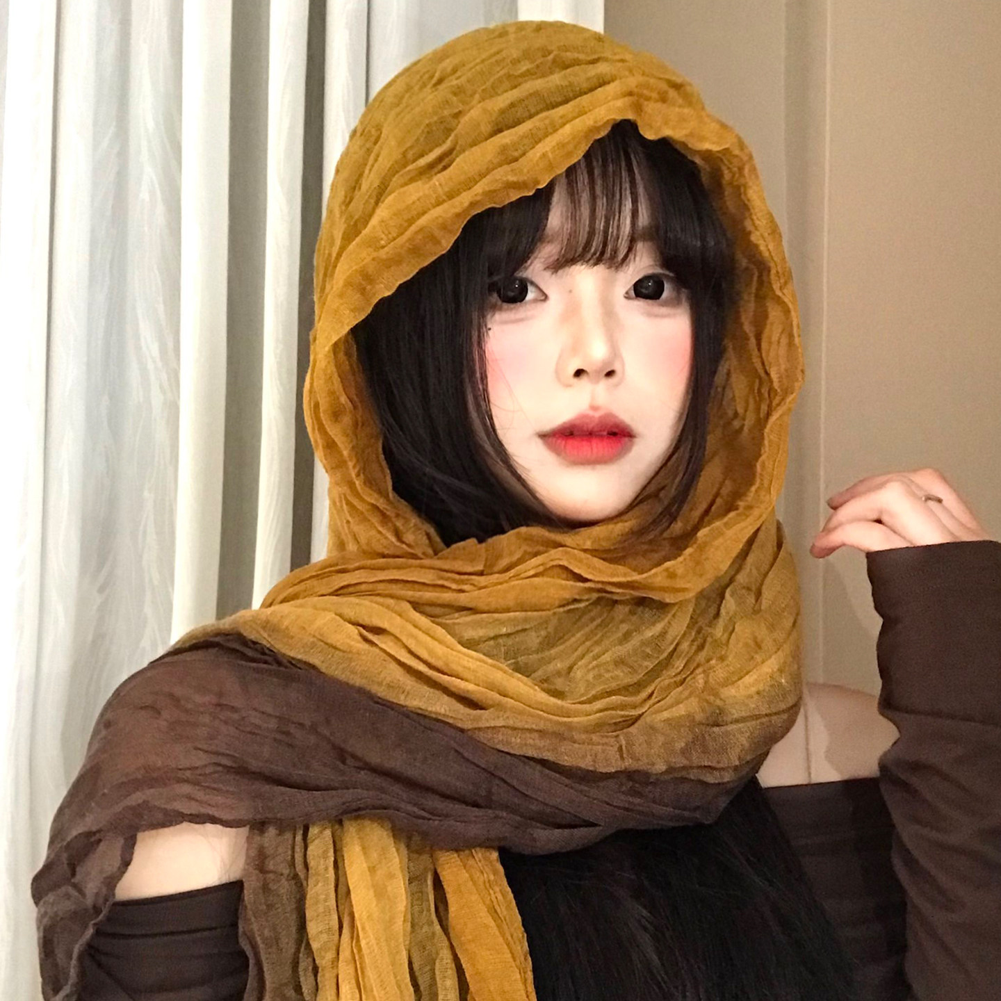 波西米亚拼色褶皱丝巾披肩亚麻图片