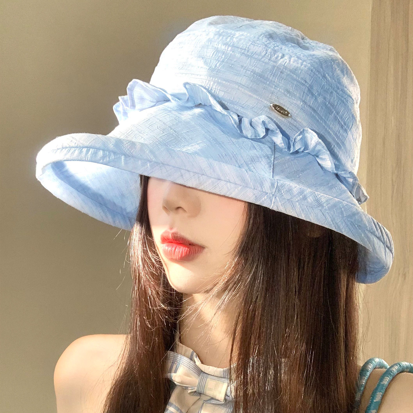 小香风蓝色花边渔夫帽女春夏出游百搭大头围显脸小遮阳防晒盆帽子