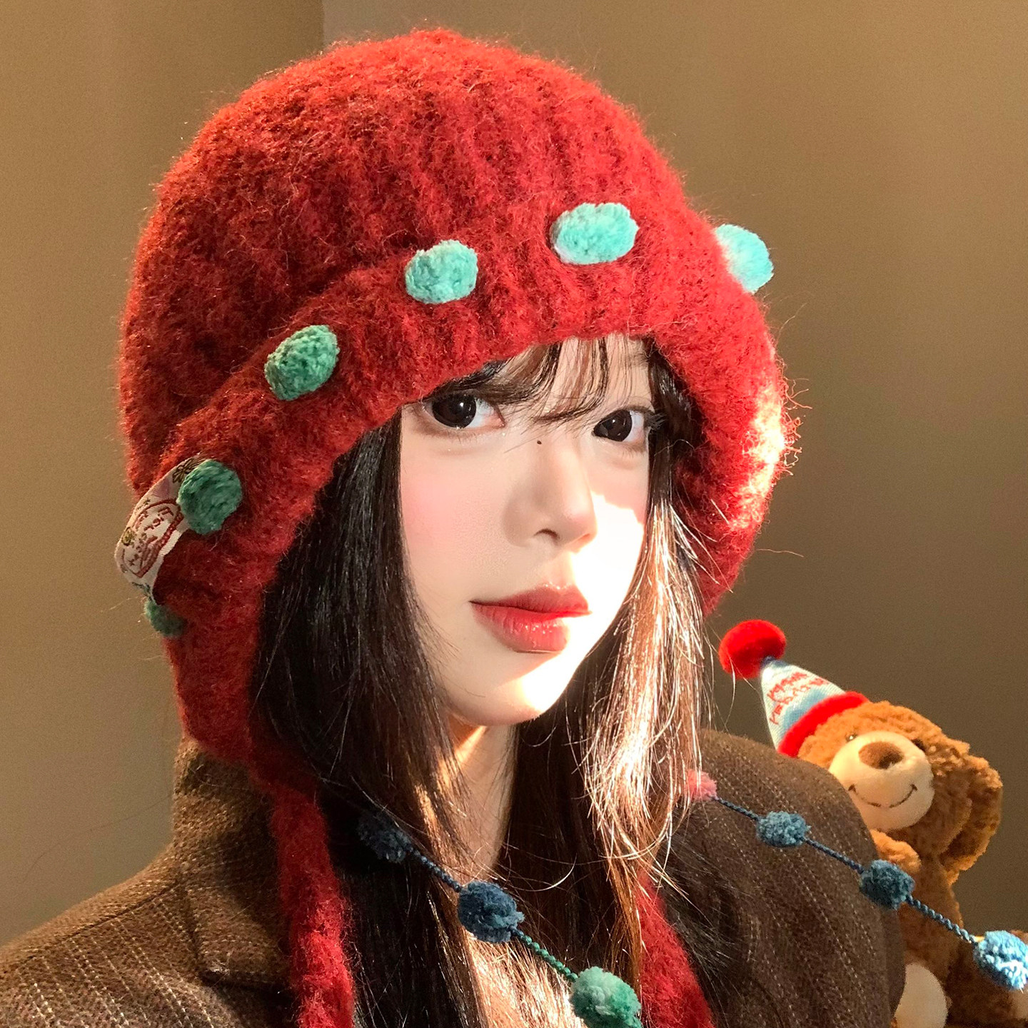 毛球流苏系带红色针织护耳帽女冬季显脸小毛线帽保暖防寒套头帽子,服饰配件/皮带/帽子/围巾,帽子,淘宝优惠券,粉丝福利购,淘宝优惠卷