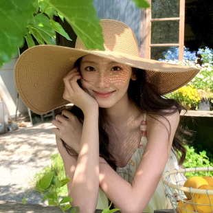 大帽檐草编草帽女夏季 复古遮阳防晒帽 海边沙滩度假风太阳帽子法式