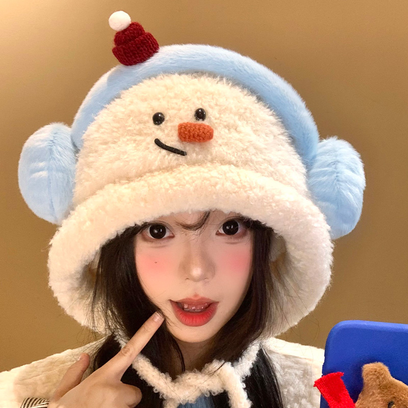 可爱雪人毛绒针织帽女冬季甜美