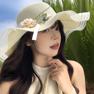 波浪边花朵草帽女夏季法式复古海边度假太阳帽大帽檐遮阳防晒帽子