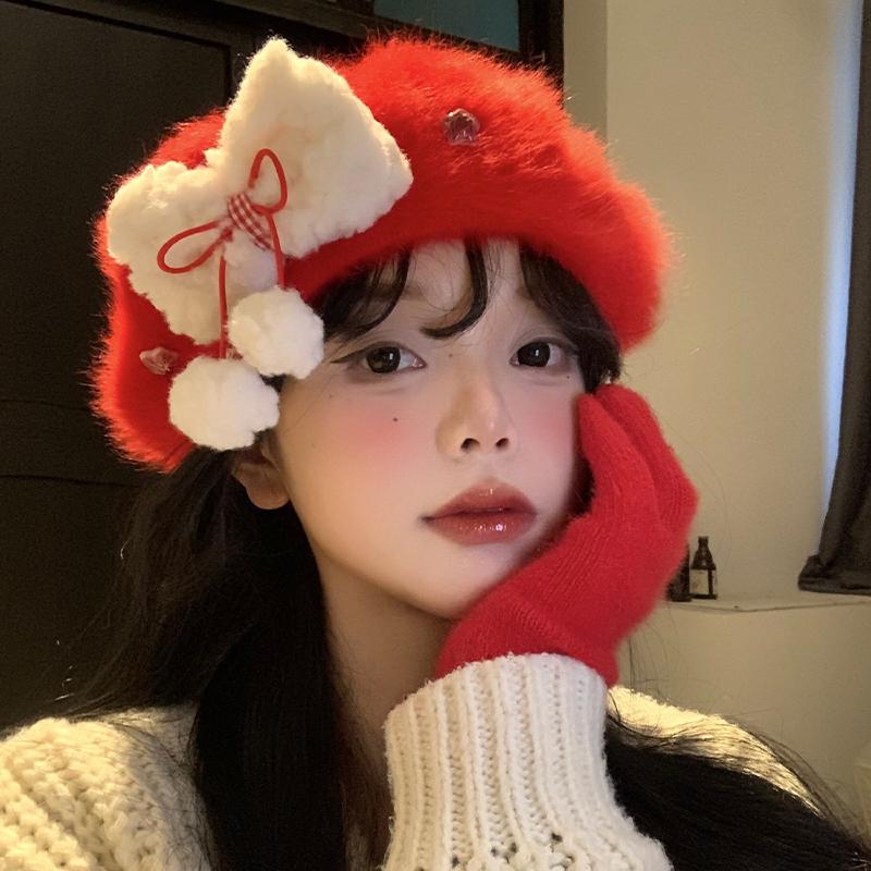 蝴蝶结兔毛贝雷帽女冬季显脸小