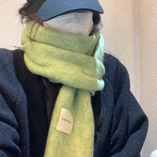 含羊毛绿色针织围巾女冬季 韩系氛围感高级感加厚保暖围脖 2025新款